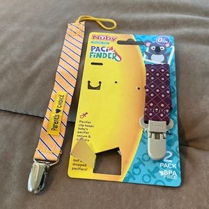 2 pacifier clips Yellow and blue stripe Burgundy and purple polkadot